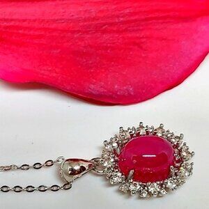 Heated Natural Red Ruby 9x7mm & White Topaz 925‎ Sterling Silver Necklace 18"